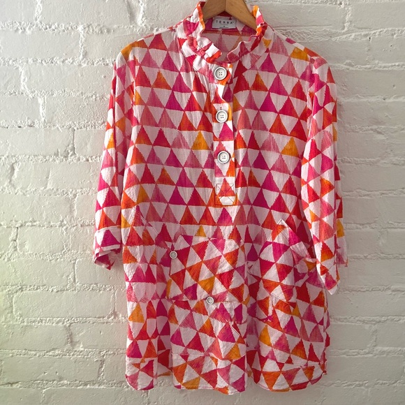 Terra sj Apparel Top Blouse Size Medium Moldable Collar Lagenlook Tunic Colorful - Picture 1 of 11